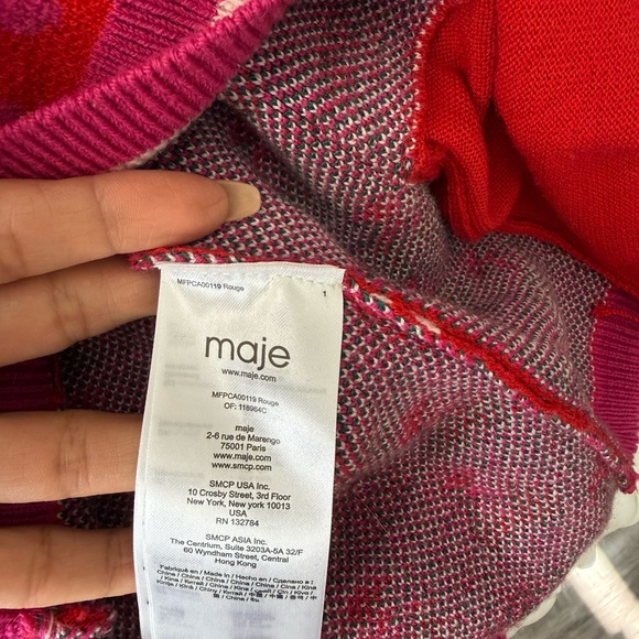 Maje Red Cherry Jacquard Knit Cardigan | Parisian Statement Sweater | Size 2 - Picture 9 of 11